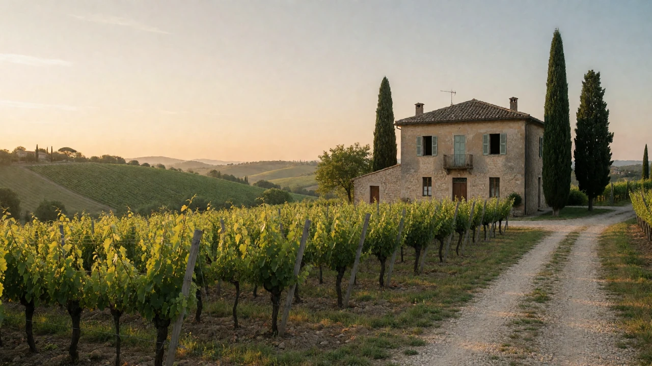 European-style vineyard with a stone farmhouse and rolling green hills bathed in golden hour light