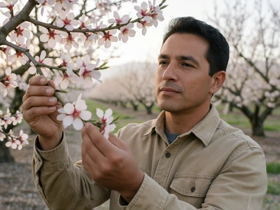Man in his 40s in a khaki shirt inspecting almond trees in a California orchard