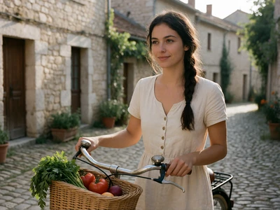 European woman in her late 20s with a vintage bicycle and basket of vegetables on a cobblestone village street