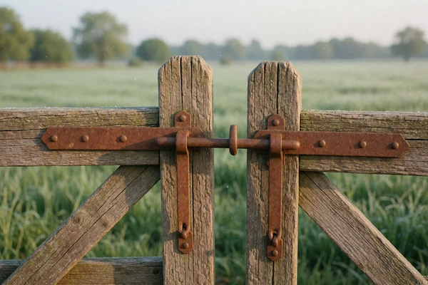 Weathered wooden farm gate latch with green pasture behind, representing close-to-home local farmers dating