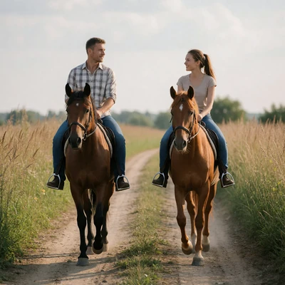 Couple in their 30s riding horses side by side on a dirt country road