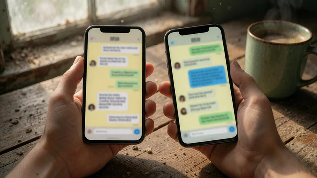 Two hands holding phones showing chat messages on a wooden table, linking to online dating tips for farmers