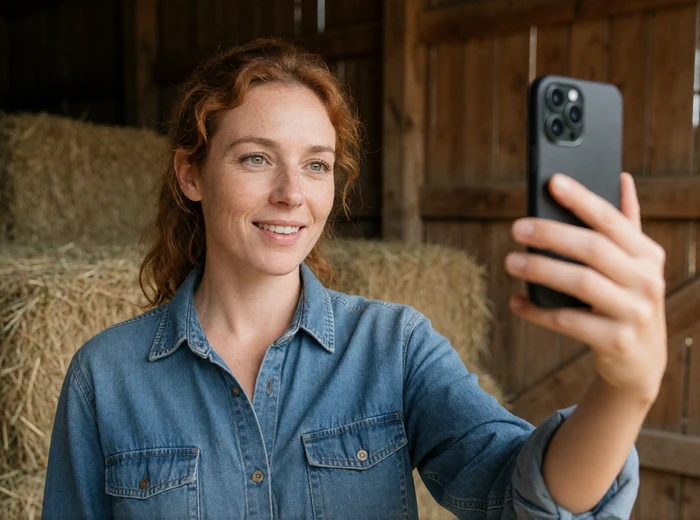 Adult woman farmer smiling while taking a barn selfie for an authentic farmers dating profile
