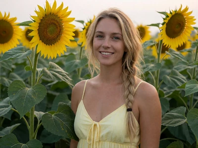 Adult woman age 26 with blonde braid in a yellow sundress standing in a sunflower field on an Illinois farm