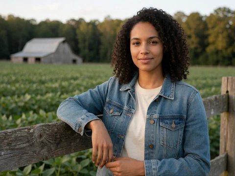 Woman in a denim jacket by a soybean field for a North Carolina country singles profile