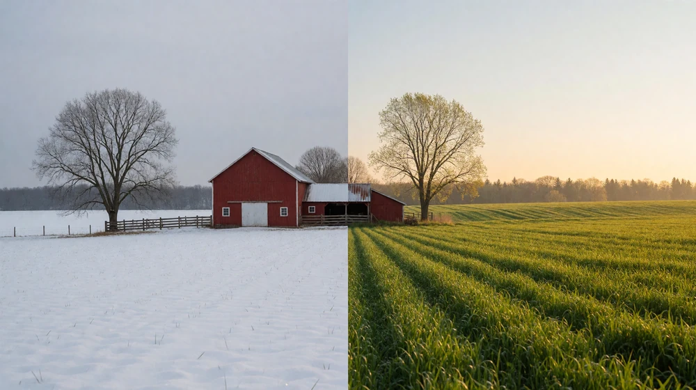 Split image of a snowy winter farm beside the same farm lush and green in summer, showing how seasons reshape farm life and dating