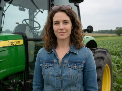 Woman in her 30s in a denim jacket standing beside a green tractor on an Indiana farm