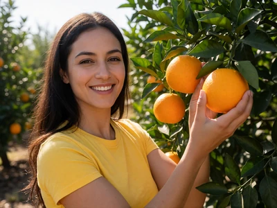 Woman in her late 20s picking oranges in a California citrus grove