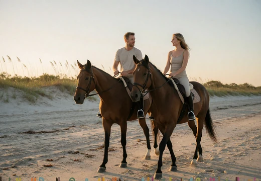 Adult country couple riding horses on a quiet Florida beach at golden hour