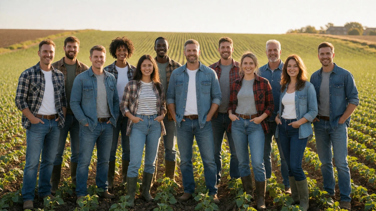 Diverse group of adult farmers of different ethnicities standing together in a sunlit field, representing niche farmers dating communities