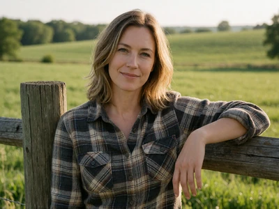 Woman in her early 40s in a plaid flannel shirt leaning on a fence post in a green Wisconsin pasture in the afternoon