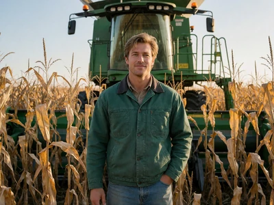 Man in his late 20s in a green jacket standing by a combine harvester in an Iowa cornfield