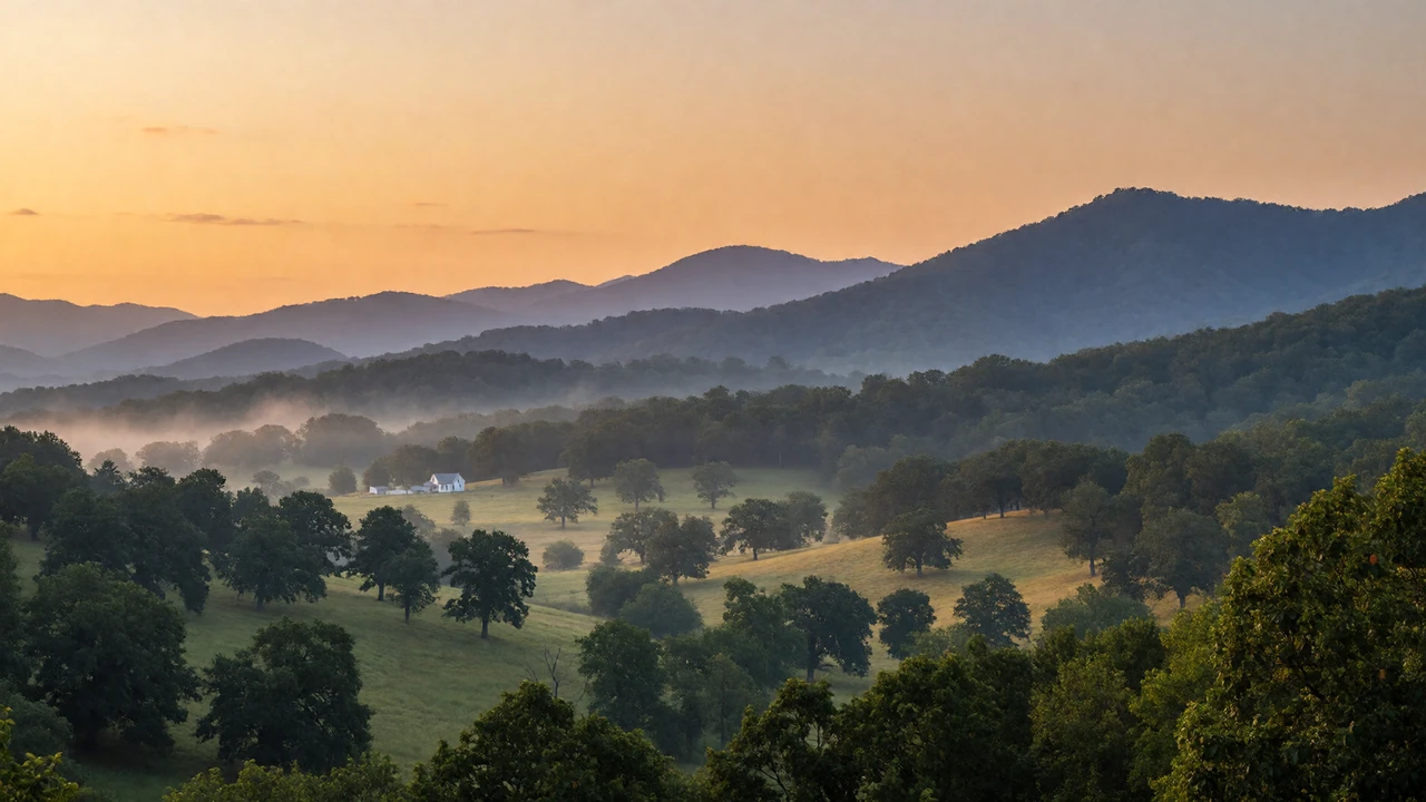 Ozark mountains in Arkansas at dusk with a distant white farmhouse in a green valley, representing Arkansas farmers dating for country singles