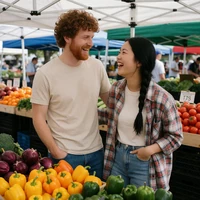 Couple in their 30s laughing together at a farmers market stall