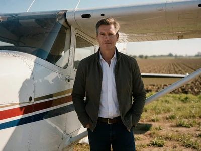 Well-dressed agribusiness owner beside a private plane at a rural airstrip, millionaire farmers dating category