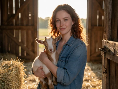 Woman in her late 20s holding a baby goat in a barn doorway with warm backlight