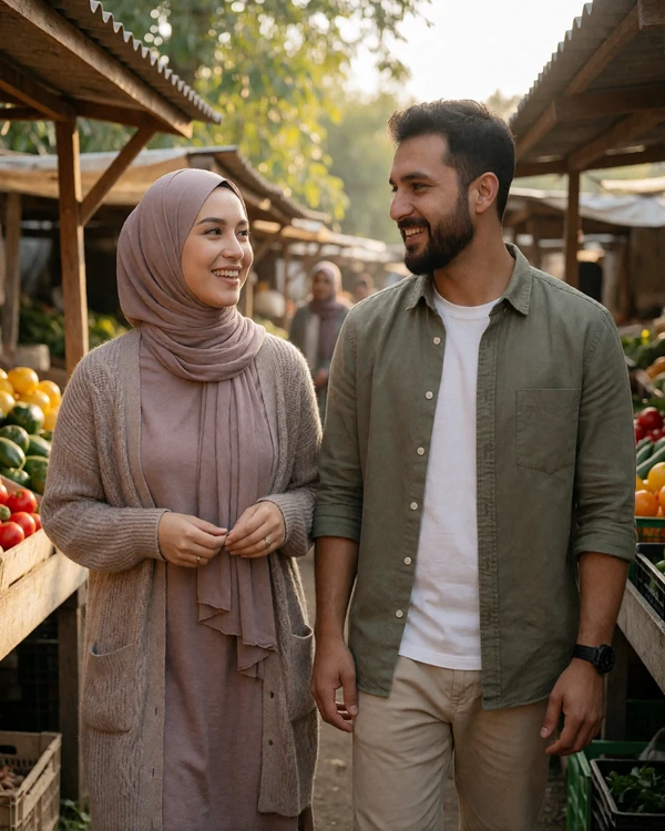 Muslim couple in their 30s walking together through a rural outdoor produce market in warm afternoon light