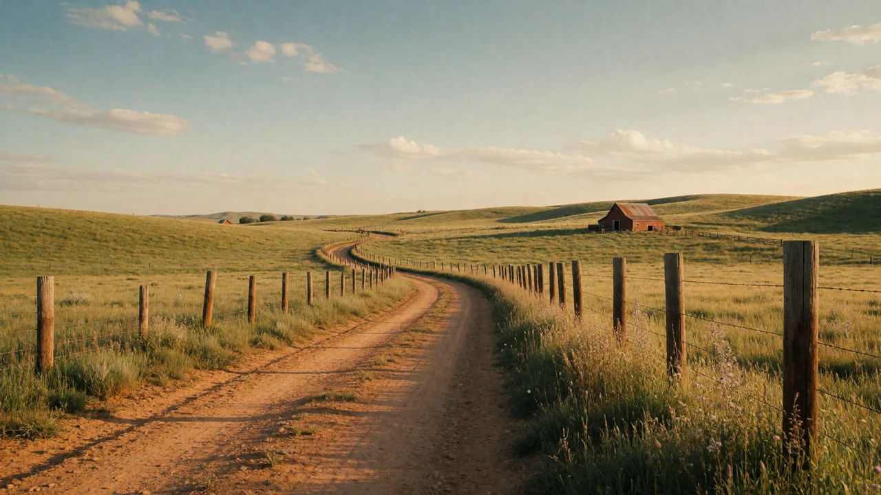 Sunlit dirt road winding through green pastures past a wooden fence and distant barn at golden hour