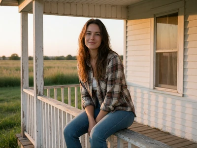 Woman in her early 30s sitting on the porch railing of a Nebraska farmhouse in the evening