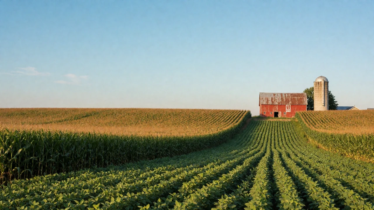 Rolling Ohio cornfields and soybean rows under a bright blue sky with a red barn on the horizon, representing Ohio farmers dating for country singles