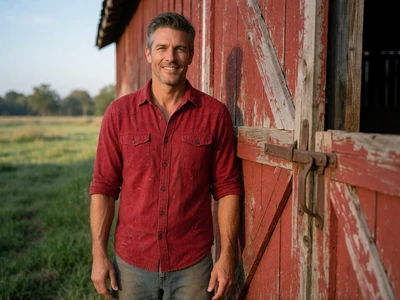 Man in his 40s standing beside a red barn door on a dairy farm
