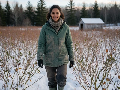 Woman walking through a snowy Maine blueberry field for Maine agricultural singles