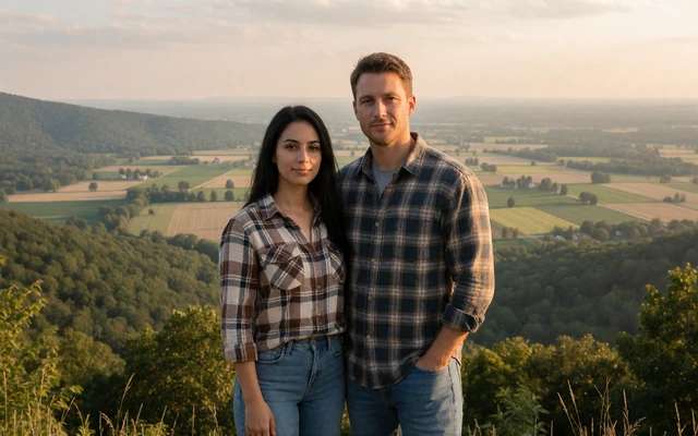 Couple at a mountain viewpoint above North Carolina farmland for rural dating