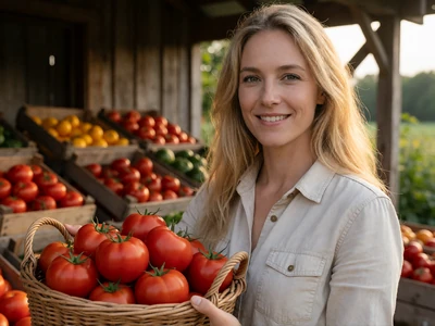 Woman in her late 20s holding a basket of tomatoes at an Indiana farm stand