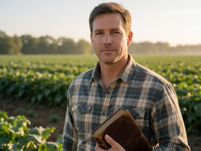 Adult man farmer holding a Bible outdoors in warm morning light, Christian farmers dating category