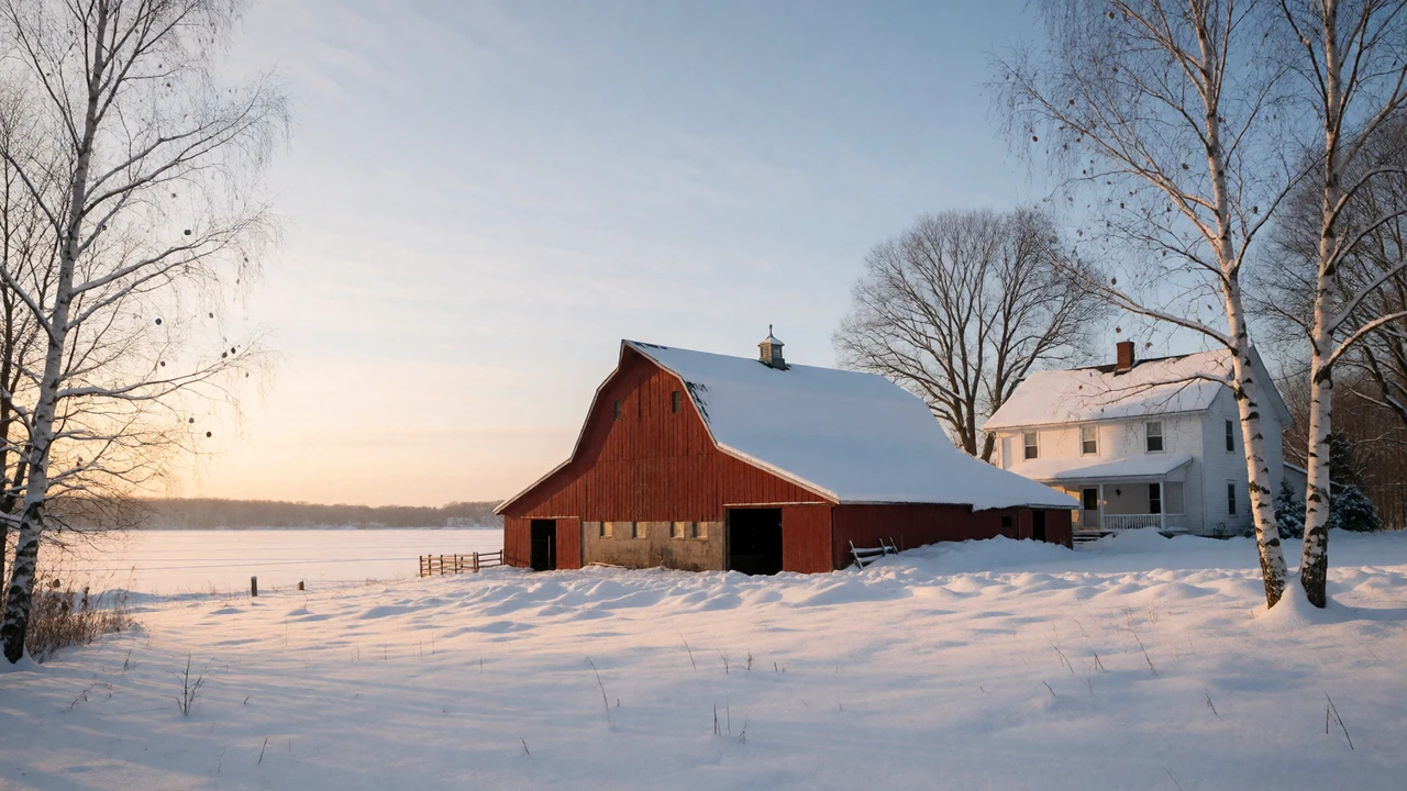 Snow-covered Minnesota dairy farm with a red barn and frozen lake at sunrise, representing Minnesota farmers dating for rural singles