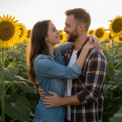 Country couple in their thirties embracing in a sunflower field at golden hour