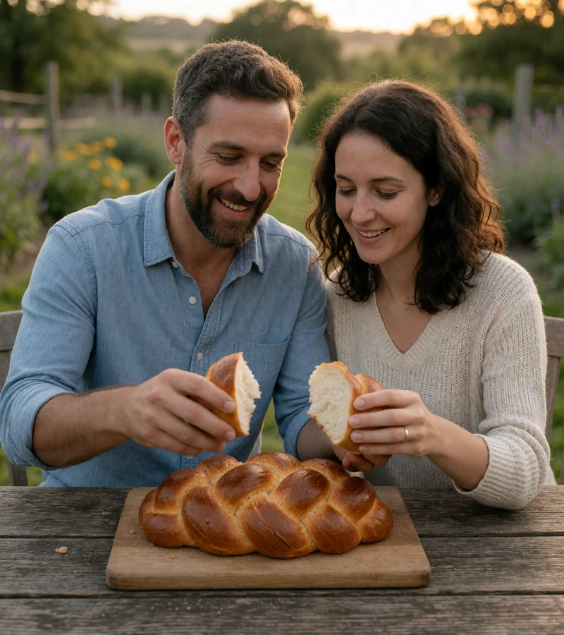 Jewish couple in their 40s sharing braided challah bread at an outdoor rural table in evening light