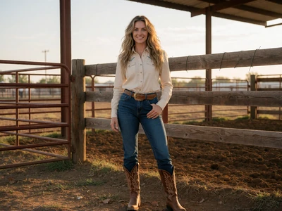 Adult woman in her late 20s in boots and jeans standing at a Texas rodeo ground in warm evening light