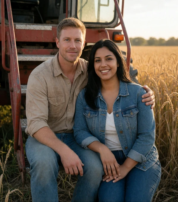 Adult farm couple smiling on the steps of a large farm machine after field work