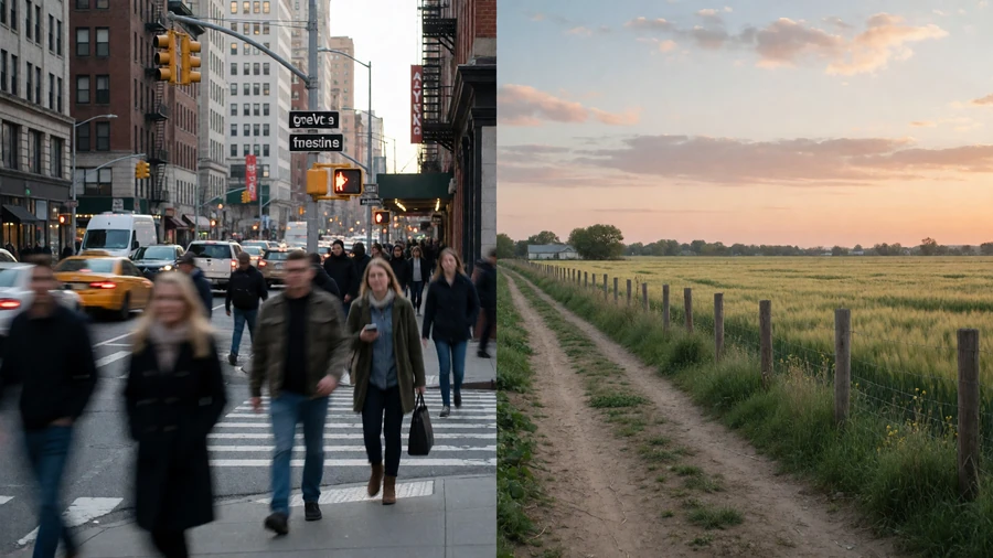 Split scene comparing a chaotic city street with a peaceful rural farm path for farmers dating