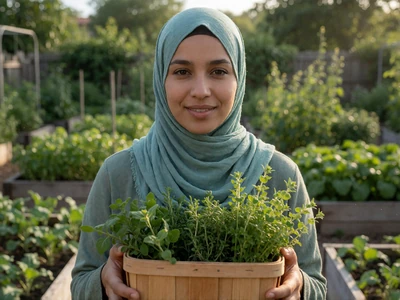 Muslim woman in her early 30s wearing a hijab holding a basket of fresh herbs in a community garden