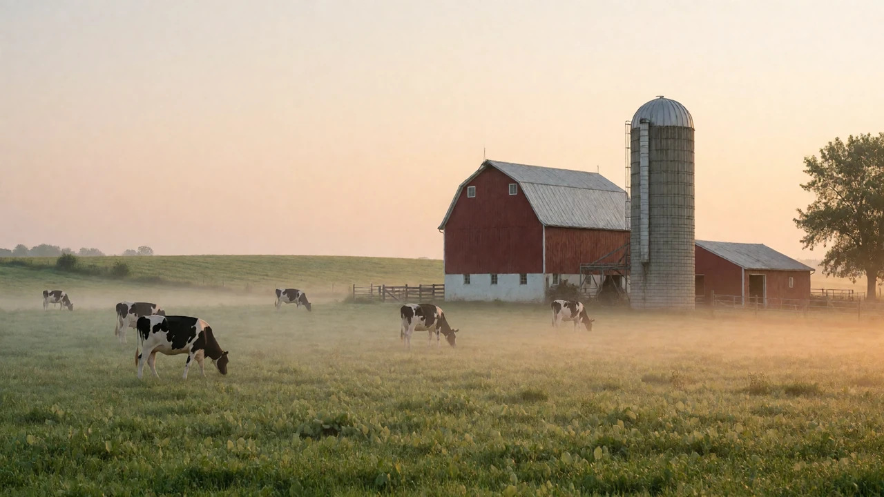 Wisconsin dairy farm at dawn with a red barn, silo, and Holstein cows grazing over misty green pastures, representing dairy country singles dating