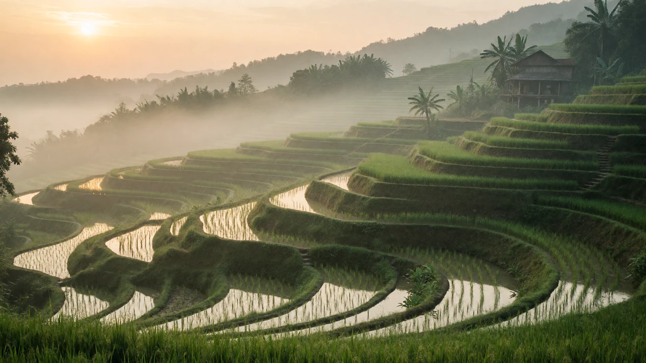 Terraced rice paddies and water gardens glowing at sunrise with soft morning mist over rolling green hills