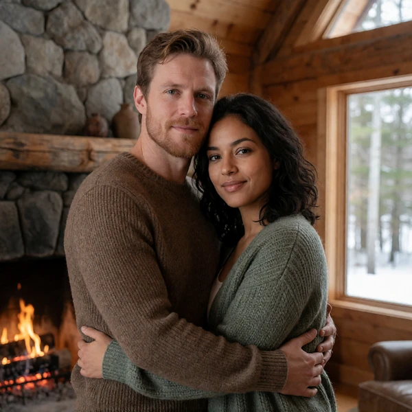 Adult couple embracing beside a stone fireplace in a rustic Maine cabin after farm chores