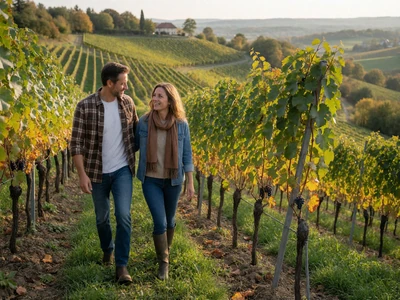 Adult couple walking through a European-style vineyard, European farmers dating category