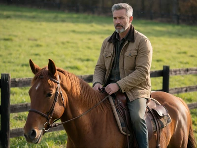 Adult man in his 50s riding a chestnut horse across a green Tennessee pasture