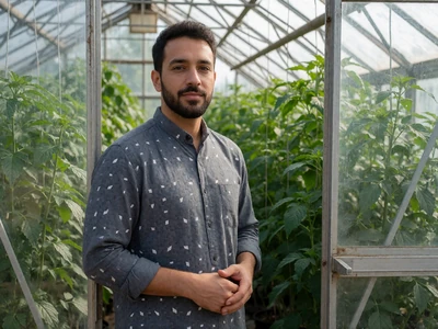 Adult Muslim man farmer in modest attire near a greenhouse, Muslim farmers dating category
