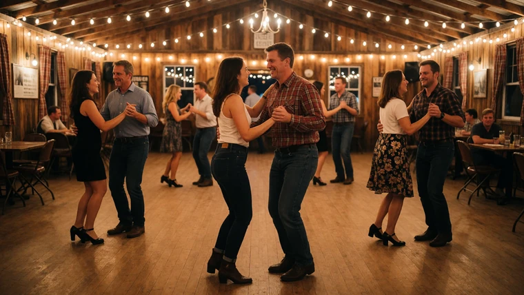Couples two-stepping under warm string lights in a rustic small-town Texas dance hall at night