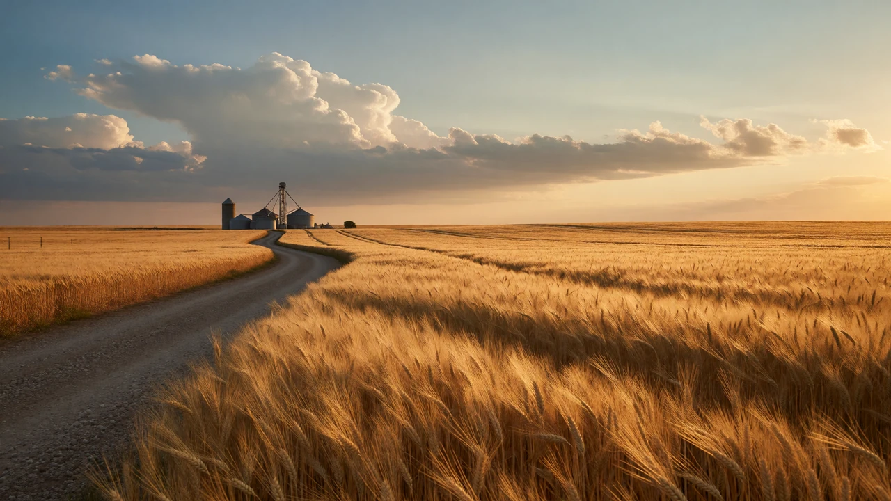 Golden Kansas wheat field rippling at sunset with a gravel road winding toward distant grain silos, representing Sunflower State farmers dating