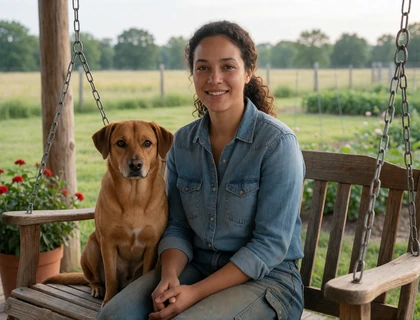 Woman farmer on a Missouri porch swing with a dog for a Missouri farmers dating profile