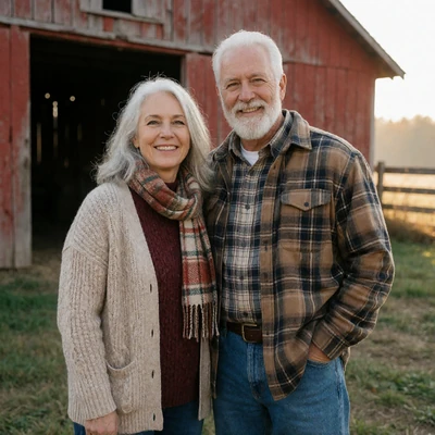 Senior country couple in their sixties standing in front of a red barn in morning light