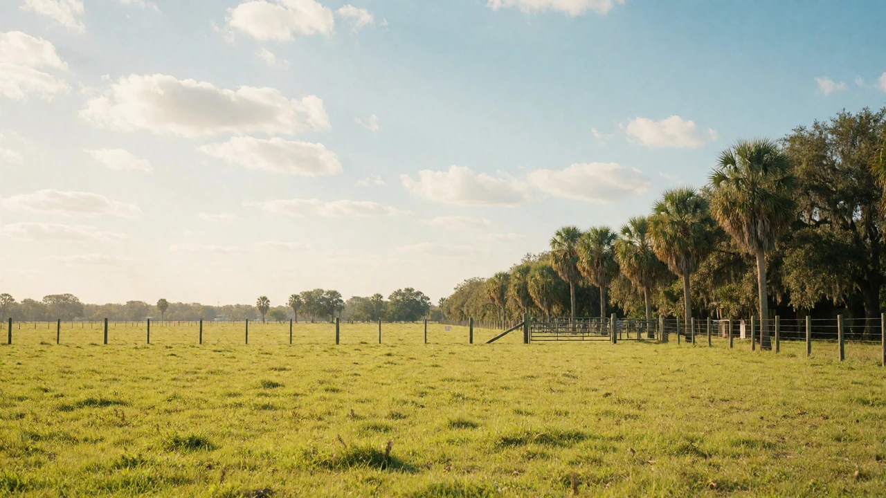 Wide Florida cattle ranch under a bright blue sky with palm trees, representing Florida farmers dating