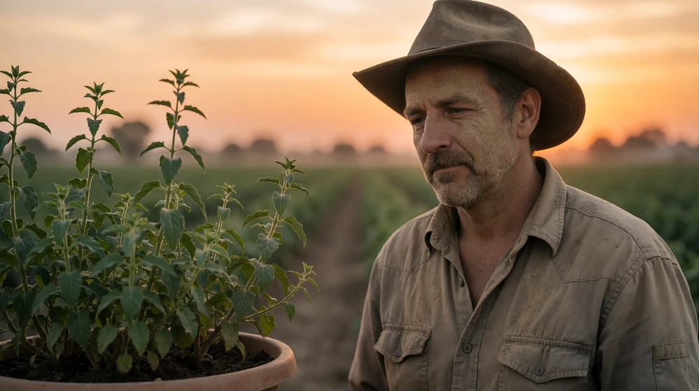 Adult male farmer in his 40s dusty from work standing by a planter at dusk in warm sunset light, showing the demands of harvest season