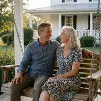 Couple in their 50s smiling on a farmhouse porch swing
