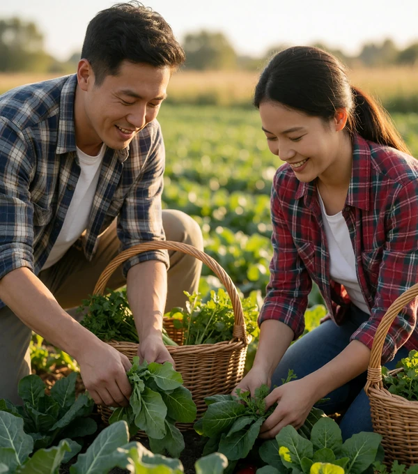 Adult Asian couple in their 30s harvesting fresh green vegetables together in a sunlit field at golden hour